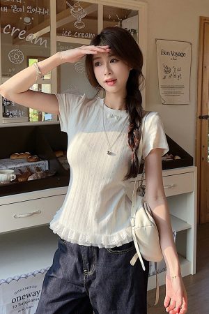 Plus Size Lace Trim Knitted Short Sleeve T-Shirt for Women, Summer Korean Style Slim Fit Top, Elegant Casual Wear