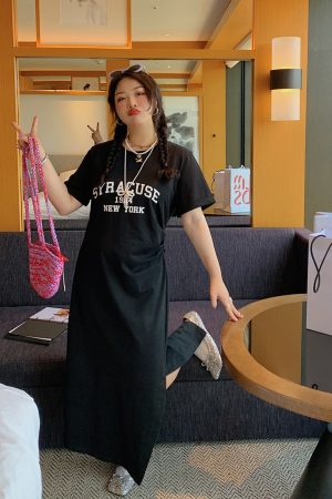 Plus-Size Letter Print Dress for Women, Slimming Summer 2025 Black Long Skirt with Slit, Chic and Comfortable Fashion