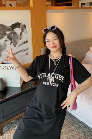 Plus-Size Letter Print Dress for Women, Slimming Summer 2025 Black Long Skirt with Slit, Chic and Comfortable Fashion