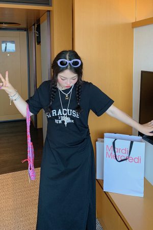 Plus-Size Letter Print Dress for Women, Slimming Summer 2025 Black Long Skirt with Slit, Chic and Comfortable Fashion