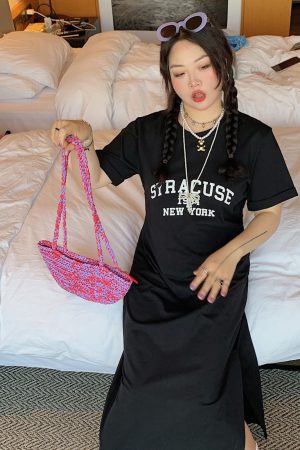 Plus-Size Letter Print Dress for Women, Slimming Summer 2025 Black Long Skirt with Slit, Chic and Comfortable Fashion