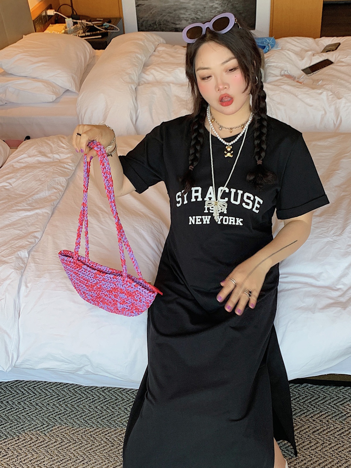 Plus-Size Letter Print Dress for Women, Slimming Summer 2025 Black Long Skirt with Slit, Chic and Comfortable Fashion Plus-Size Letter Print Dress for Women, Slimming Summer 2025 Black Long Skirt with Slit, Chic and Comfortable Fashion