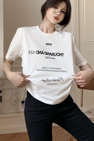 Plus Size Letter Print Short Sleeve T-Shirt for Women, Loose Drawstring Summer Top, Slimming Tummy-Covering Design