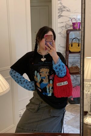 Plus-Size Long Sleeve T-Shirt for Women, Fake Two-Piece Design, 2025 Spring Style, Niche Fashion Top