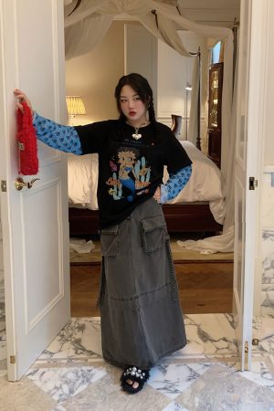 Plus-Size Long Sleeve T-Shirt for Women, Fake Two-Piece Design, 2025 Spring Style, Niche Fashion Top