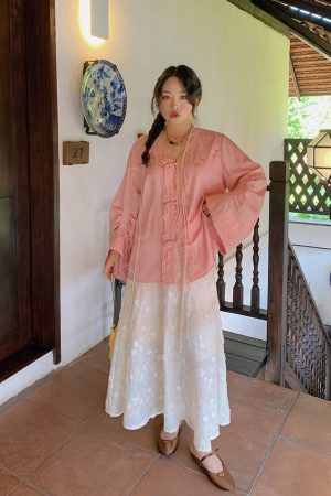 Plus Size Long Sleeve V-Neck Lace Shirt for Women - New Chinese Style National Wind Spring 2025 Top