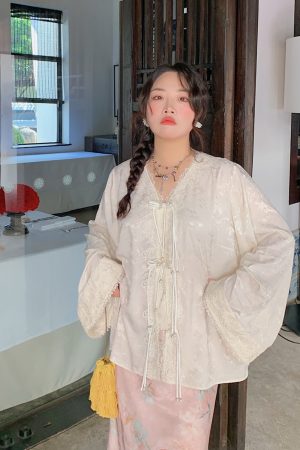 Plus Size Long Sleeve V-Neck Lace Shirt for Women - New Chinese Style National Wind Spring 2025 Top