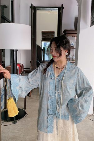 Plus Size Long Sleeve V-Neck Lace Shirt for Women - New Chinese Style National Wind Spring 2025 Top