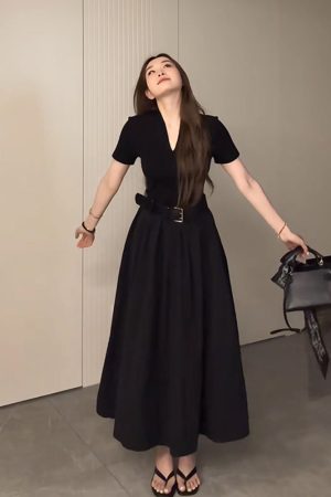 Plus Size Long V-Neck Little Black Dress for Women, Flattering A-Line Hem, Waist-Cinching, Short Sleeve, Elegant Style