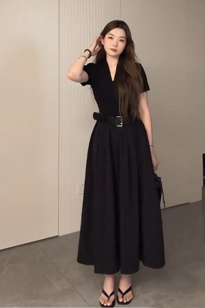 Plus Size Long V-Neck Little Black Dress for Women, Flattering A-Line Hem, Waist-Cinching, Short Sleeve, Elegant Style