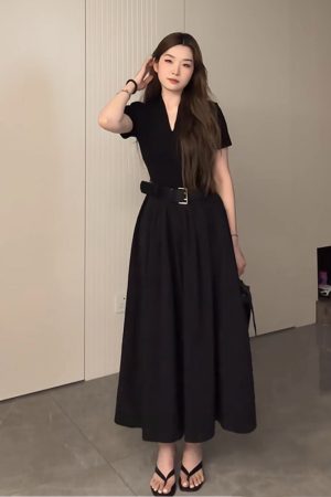 Plus Size Long V-Neck Little Black Dress for Women, Flattering A-Line Hem, Waist-Cinching, Short Sleeve, Elegant Style