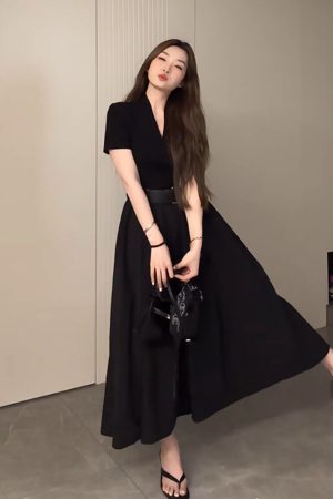 Plus Size Long V-Neck Little Black Dress for Women, Flattering A-Line Hem, Waist-Cinching, Short Sleeve, Elegant Style