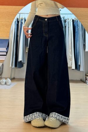 Plus Size Loose-Fitting Boyfriend Wide-Leg Pants for Pear-Shaped Figures, Slimming Deep Blue Patchwork Cuffed Jeans