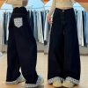 Plus Size Loose-Fitting Boyfriend Wide-Leg Pants for Pear-Shaped Figures, Slimming Deep Blue Patchwork Cuffed Jeans