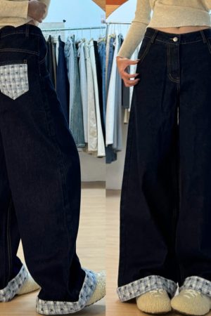 Plus Size Loose-Fitting Boyfriend Wide-Leg Pants for Pear-Shaped Figures, Slimming Deep Blue Patchwork Cuffed Jeans