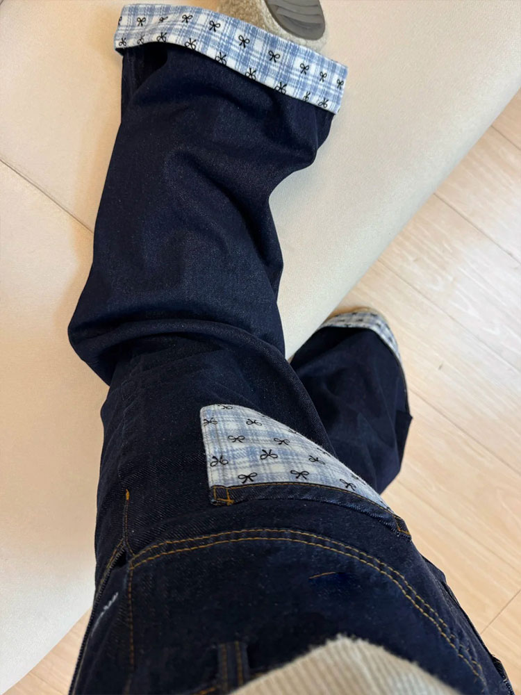 Plus Size Loose-Fitting Boyfriend Wide-Leg Pants for Pear-Shaped Figures, Slimming Deep Blue Patchwork Cuffed Jeans Plus Size Loose-Fitting Boyfriend Wide-Leg Pants for Pear-Shaped Figures, Slimming Deep Blue Patchwork Cuffed Jeans