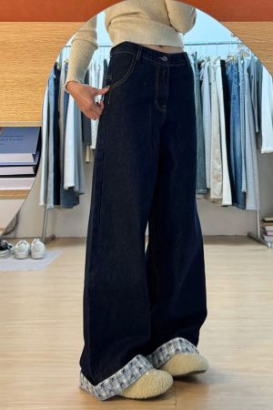 Plus Size Loose-Fitting Boyfriend Wide-Leg Pants for Pear-Shaped Figures, Slimming Deep Blue Patchwork Cuffed Jeans