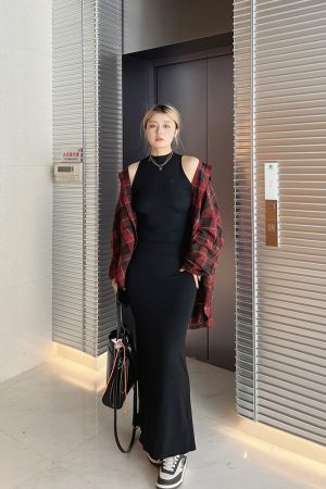 Plus Size Loose Long Sleeve Plaid Shirt in Red and Black Color Block - Minimalist Retro Style for Summer and Autumn Fashion