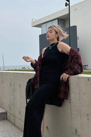 Plus Size Loose Long Sleeve Plaid Shirt in Red and Black Color Block - Minimalist Retro Style for Summer and Autumn Fashion
