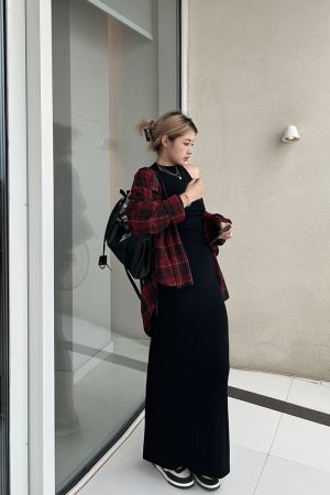 Plus Size Loose Long Sleeve Plaid Shirt in Red and Black Color Block - Minimalist Retro Style for Summer and Autumn Fashion