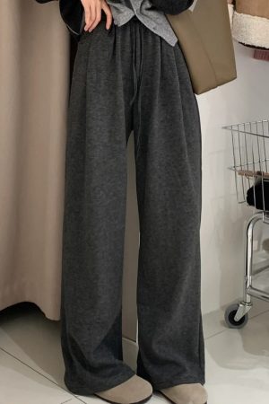 Plus Size Loose Wide-Leg Pants for Women, Slimming Long Sweatpants in Dark Gray, 2025 Trendy Lazy Style