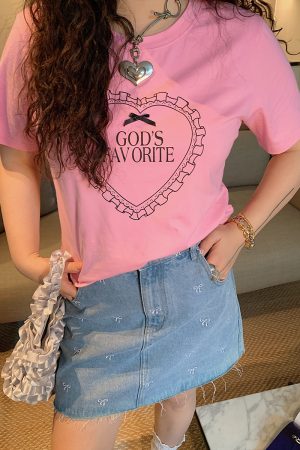 Plus Size Love Heart Bow Short Sleeve T-shirt for Women - Unique Beautiful Design - Spring/Summer 2025 - Y2K Korean Style Fashion