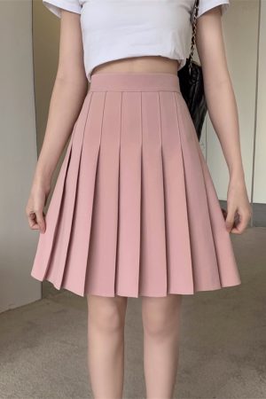 Plus Size Mid-Length Pink Pleated Skirt for Women, High-Waisted A-Line Design, Flattering College Style for Summer