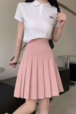 Plus Size Mid-Length Pink Pleated Skirt for Women, High-Waisted A-Line Design, Flattering College Style for Summer