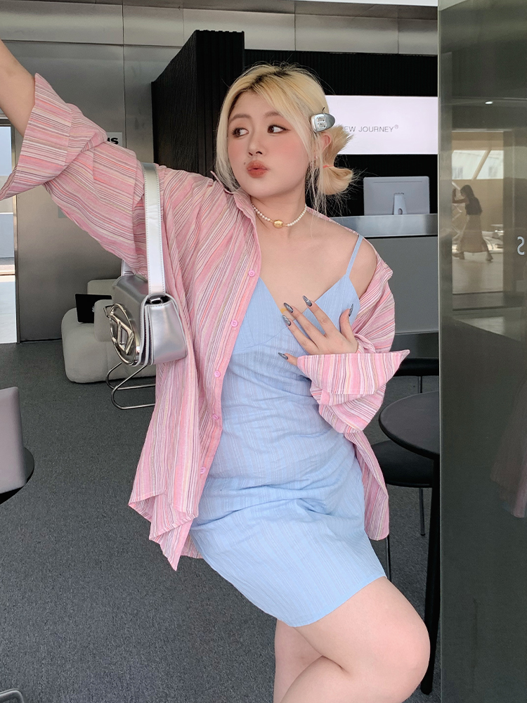 Plus Size Minimalist Oversized Striped Shirt Jacket - Breathable Sun Protection for Fresh Summer Style Plus Size Minimalist Oversized Striped Shirt Jacket - Breathable Sun Protection for Fresh Summer Style