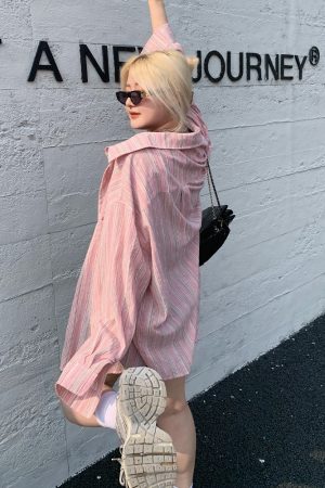 Plus Size Minimalist Oversized Striped Shirt Jacket - Breathable Sun Protection for Fresh Summer Style