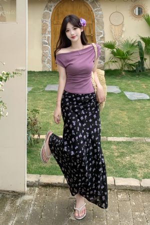 Plus Size Off-Shoulder Floral Two-Piece Set for Women - Summer Short Sleeve T-Shirt & High-Waisted Skirt, Trendy Ins Style