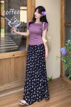 Plus Size Off-Shoulder Floral Two-Piece Set for Women - Summer Short Sleeve T-Shirt & High-Waisted Skirt, Trendy Ins Style