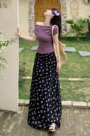 Plus Size Off-Shoulder Floral Two-Piece Set for Women - Summer Short Sleeve T-Shirt & High-Waisted Skirt, Trendy Ins Style