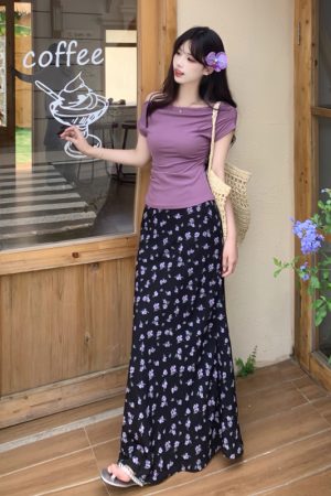 Plus Size Off-Shoulder Floral Two-Piece Set for Women - Summer Short Sleeve T-Shirt & High-Waisted Skirt, Trendy Ins Style