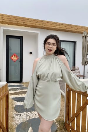 Plus Size Off-Shoulder Halter Long Sleeve Shirt Dress in Pure Desire Style - Trendy Chubby Fit, Fashionable Everyday Wear