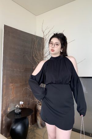 Plus Size Off-Shoulder Halter Long Sleeve Shirt Dress in Pure Desire Style - Trendy Chubby Fit, Fashionable Everyday Wear