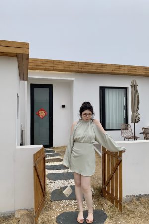 Plus Size Off-Shoulder Halter Long Sleeve Shirt Dress in Pure Desire Style - Trendy Chubby Fit, Fashionable Everyday Wear