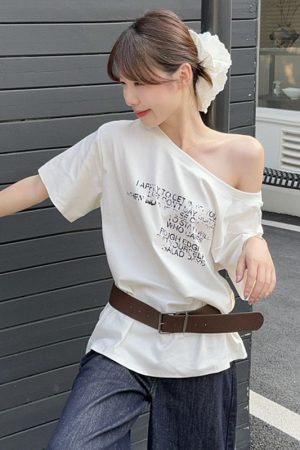 Plus Size Off-Shoulder Letter Print T-Shirt for Women, Summer Loose Fit Top, Flattering Curvy Style, Belly Coverage, Casual American Fashion