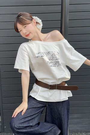 Plus Size Off-Shoulder Letter Print T-Shirt for Women, Summer Loose Fit Top, Flattering Curvy Style, Belly Coverage, Casual American Fashion