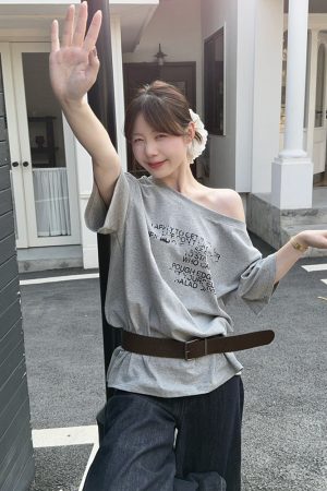 Plus Size Off-Shoulder Letter Print T-Shirt for Women, Summer Loose Fit Top, Flattering Curvy Style, Belly Coverage, Casual American Fashion