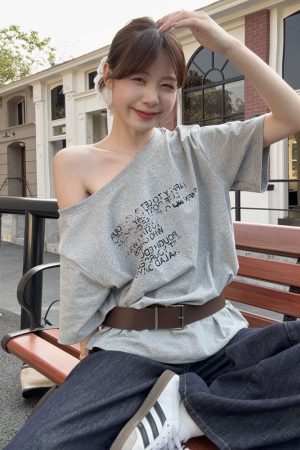 Plus Size Off-Shoulder Letter Print T-Shirt for Women, Summer Loose Fit Top, Flattering Curvy Style, Belly Coverage, Casual American Fashion