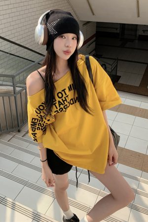 Plus Size Off-Shoulder Letter T-Shirt for Women - Summer Short Sleeve Loose Fit Slimming Top - Spicy Girl American Style