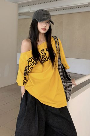 Plus Size Off-Shoulder Letter T-Shirt for Women - Summer Short Sleeve Loose Fit Slimming Top - Spicy Girl American Style