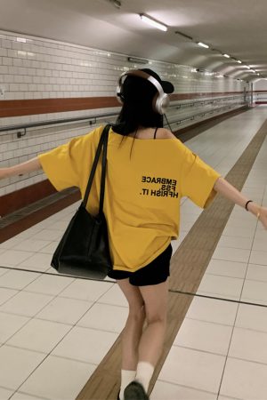 Plus Size Off-Shoulder Letter T-Shirt for Women - Summer Short Sleeve Loose Fit Slimming Top - Spicy Girl American Style