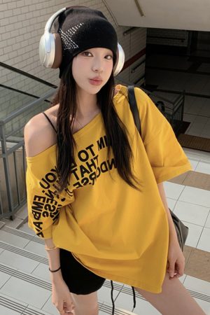 Plus Size Off-Shoulder Letter T-Shirt for Women - Summer Short Sleeve Loose Fit Slimming Top - Spicy Girl American Style
