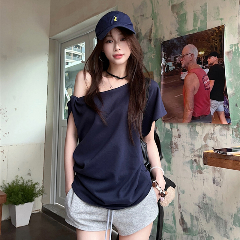 Plus Size Off-Shoulder Short Sleeve T-Shirt for Women - Summer Sweet & Spicy Loose Fit with Twist Detail, Flattering Design Plus Size Off-Shoulder Short Sleeve T-Shirt for Women - Summer Sweet & Spicy Loose Fit with Twist Detail, Flattering Design