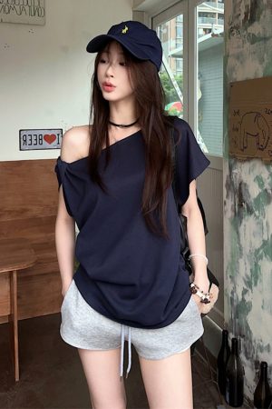 Plus Size Off-Shoulder Short Sleeve T-Shirt for Women - Summer Sweet & Spicy Loose Fit with Twist Detail, Flattering Design