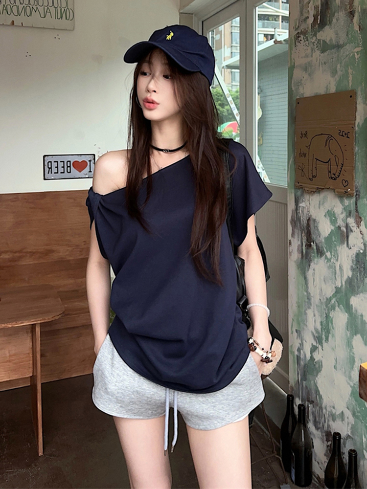 Plus Size Off-Shoulder Short Sleeve T-Shirt for Women - Summer Sweet & Spicy Loose Fit with Twist Detail, Flattering Design Plus Size Off-Shoulder Short Sleeve T-Shirt for Women - Summer Sweet & Spicy Loose Fit with Twist Detail, Flattering Design