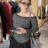 Plus-Size Off-Shoulder Striped Knitted Sweater Top - American Minimalist Slim-Fit Design for Comfortable Y2K Style