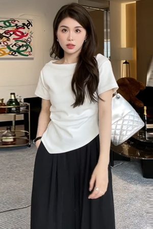 Plus-Size One-Shoulder Short Sleeve T-Shirt for Women - Spicy Girl Irregular Collarbone Summer Top, Slim Fit, Trendy Temperament Style